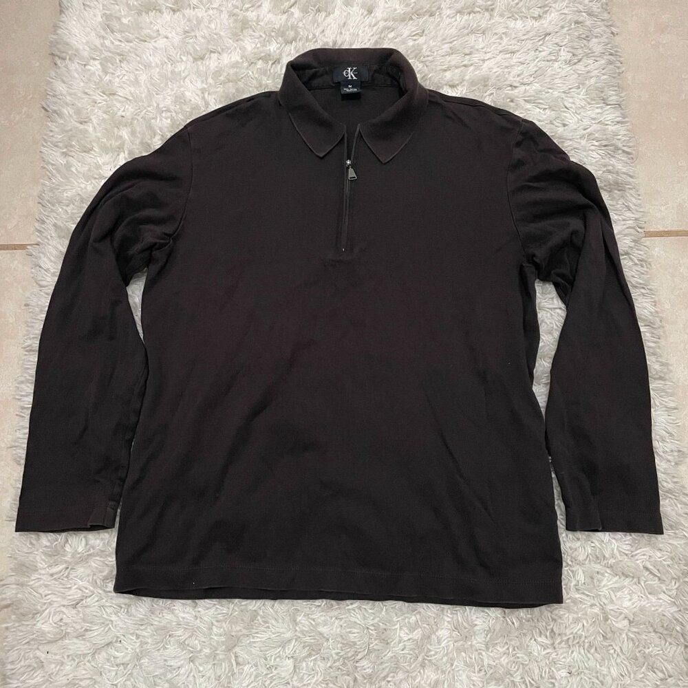 CALVIN KLEIN Womens Medium Quarter Zip Brown Collared Long Sleeve Sweatshirt